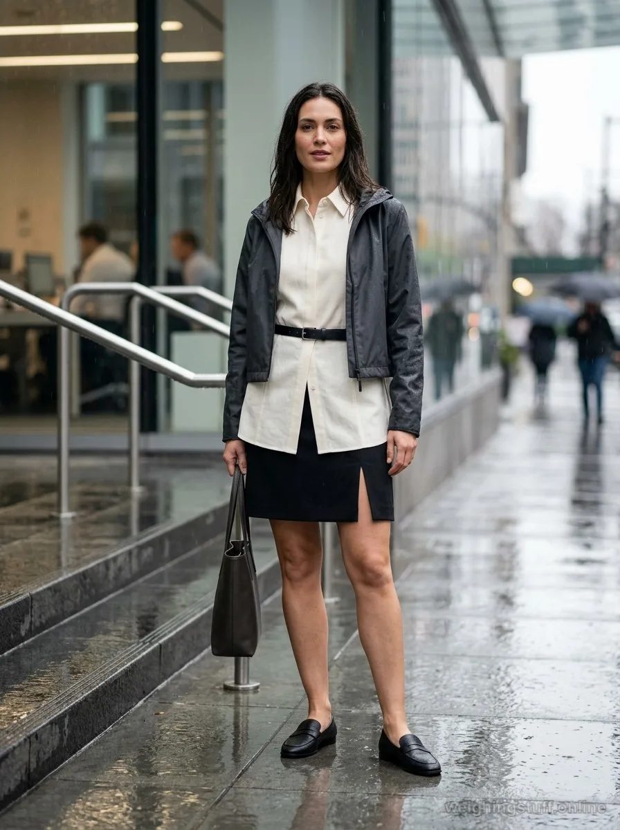 Rainy-day work outfit with a cream midi-length blouse half-tucked into a black slit mini skirt, paired with loafers and a cropped jacket.