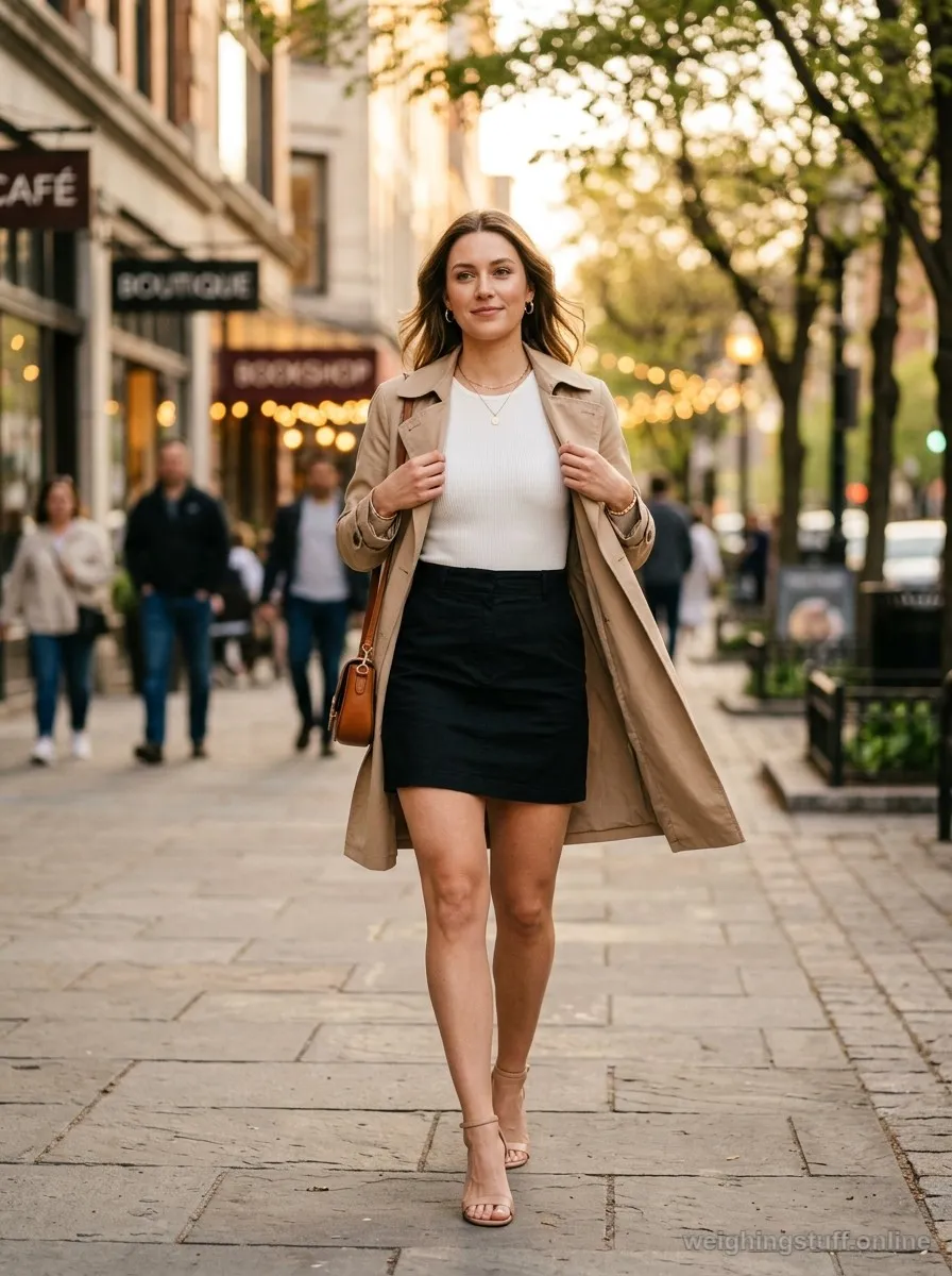 Woman in a modest black mini skirt outfit for summer, styled with a tucked white bodysuit and beige trench, nude heeled sandals on a sunny sidewalk.