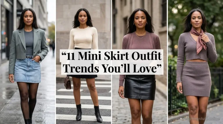 A fashion-forward woman models 11 mini skirt outfit trends collage in denim, pleated, leather and knit styles under soft street light.