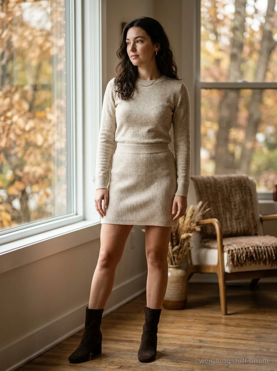 Woman wears an oat knit sweater and matching mini skirt set for autumn, styled simply with gold hoops and espresso ankle boots by a window.