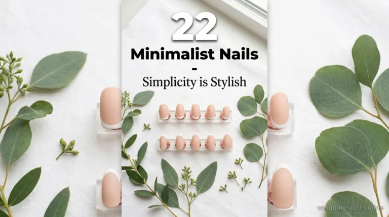 Flat lay of minimalist nails with a nude base and white tips against a white background with green accents, featuring text '22 Minimalist Nails - Simplicity is Stylish'.