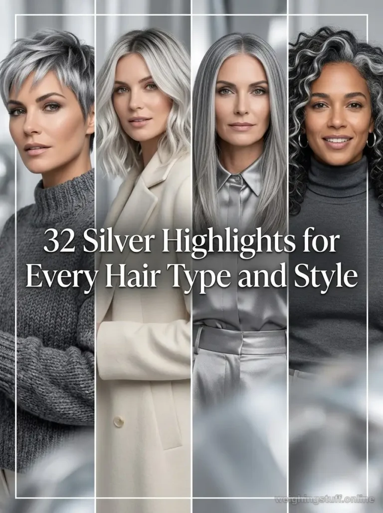 A beautiful editorial collage showcasing 32 silver highlights for every hair type and style, featuring women with silver balayage in a soft winter studio.