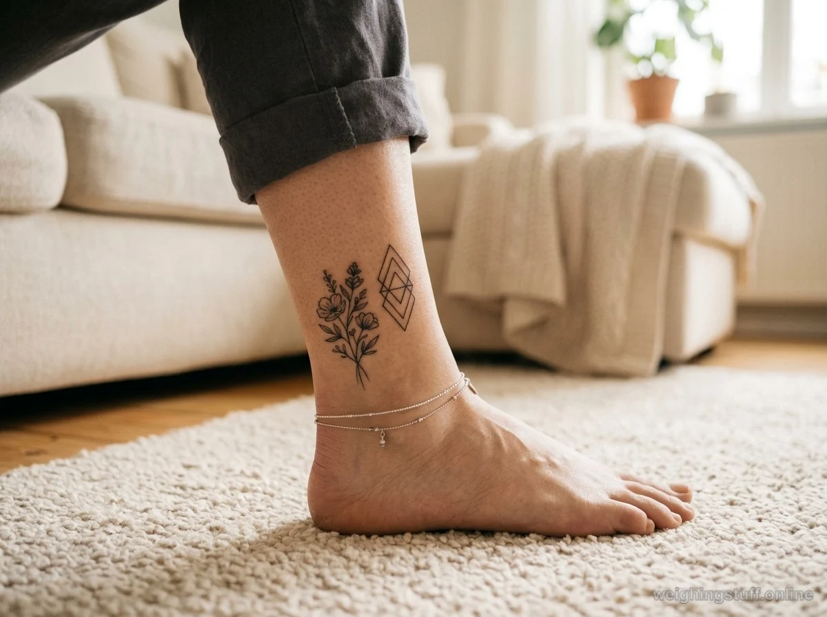 Flat lay of stylish ankle tattoo care supplies including ointments and moisturizers arranged on a wooden table with natural light.