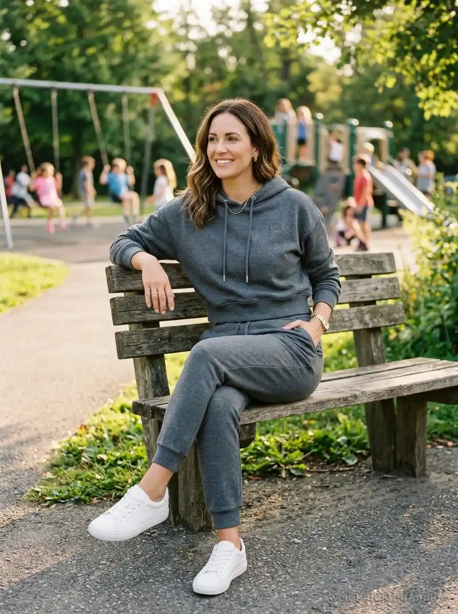 A chic soccer mom flaunts a charcoal grey jogger set in a sunny park, complemented by white sneakers.