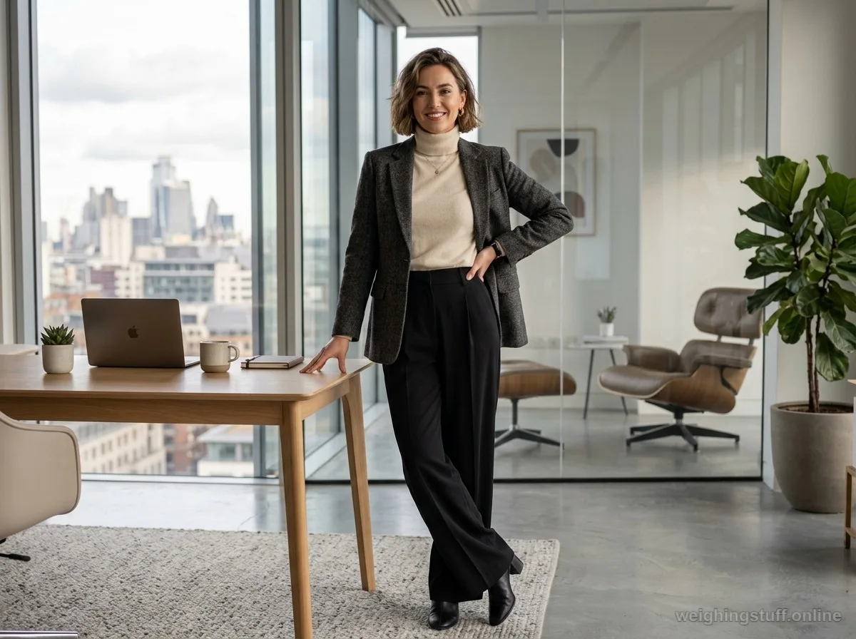 A model wearing a charcoal tweed blazer and cream turtleneck with wide-leg black pants in a modern office setting.