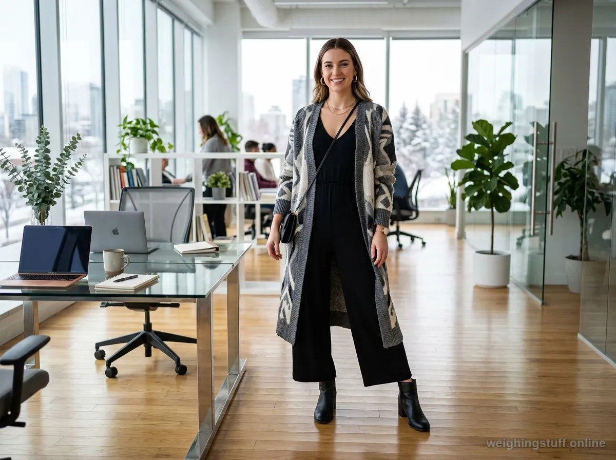 A stylish model in a black jumpsuit and patterned cardigan poses in a bright office.