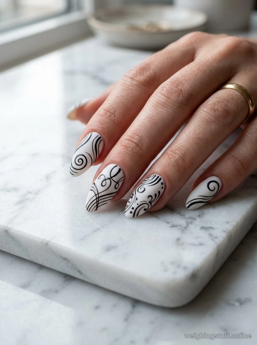 Close-up of chic line art minimalist nails with a matte white base and glossy black designs on a marble background.