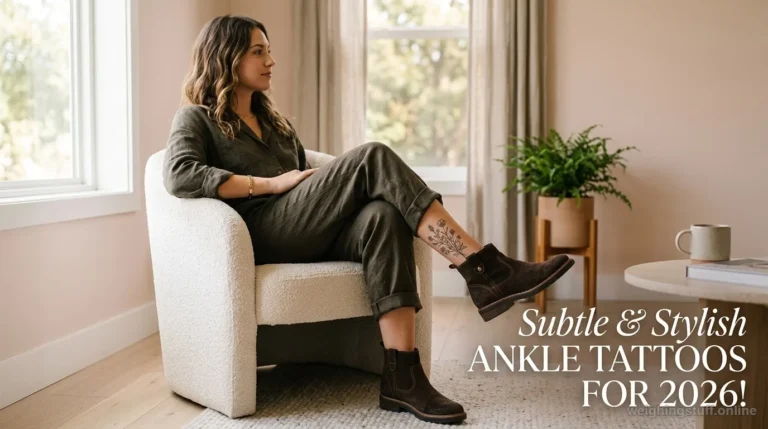 Model displaying a chic ankle tattoo in a minimalistic room with stylish footwear.