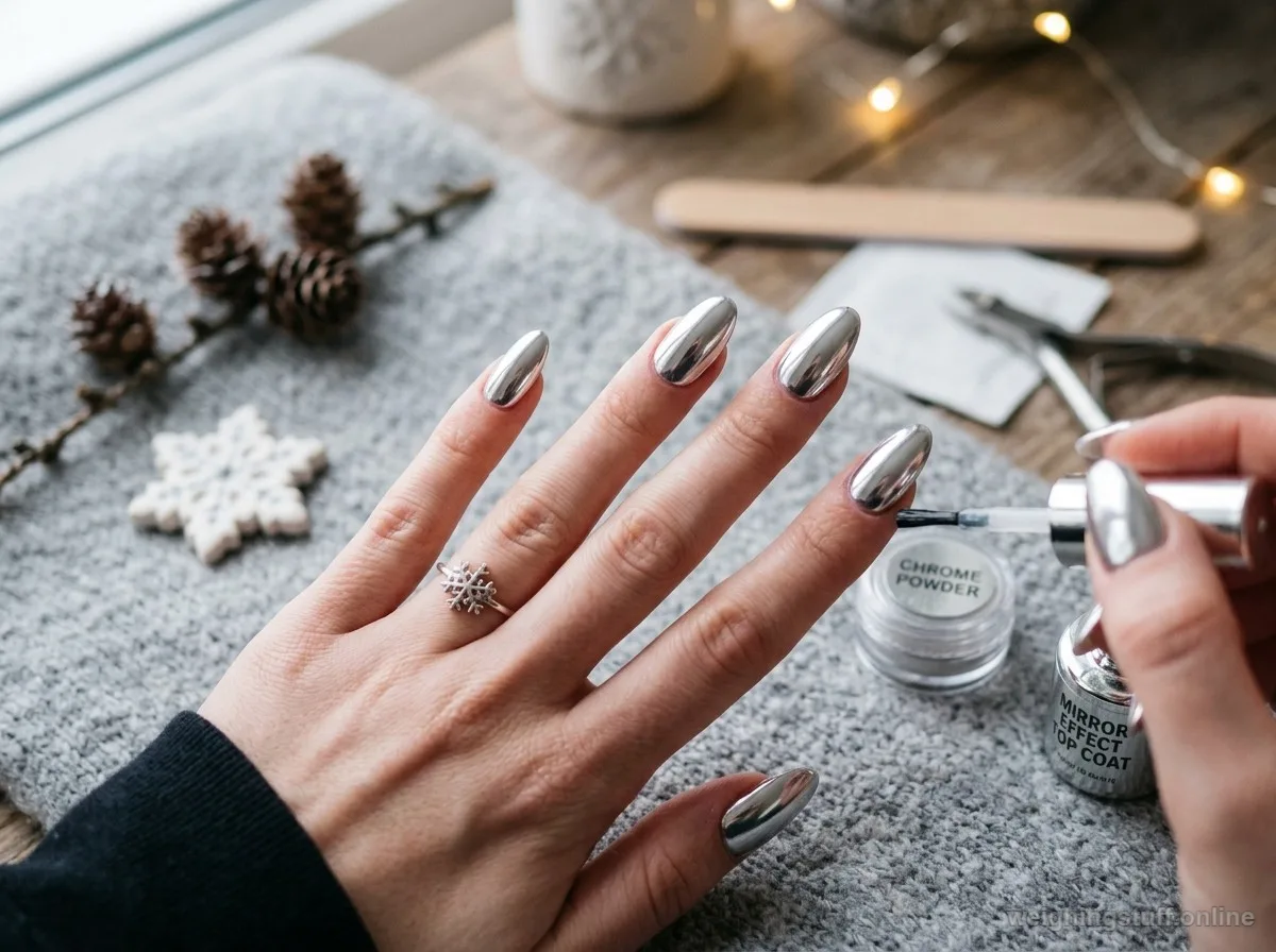 Close-up of a hand showcasing stunning chrome nail application techniques with winter-themed accents.