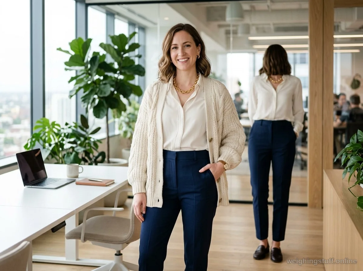 A woman in a cozy oversized cream chunky cardigan layered over a silk blouse, in a chic modern office setting.