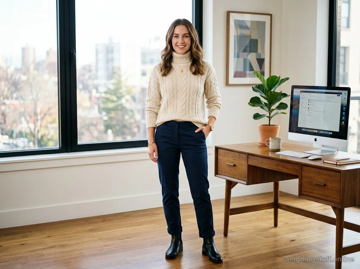 A model wearing a chunky cream cashmere turtleneck sweater and navy chinos in a stylish office setting.
