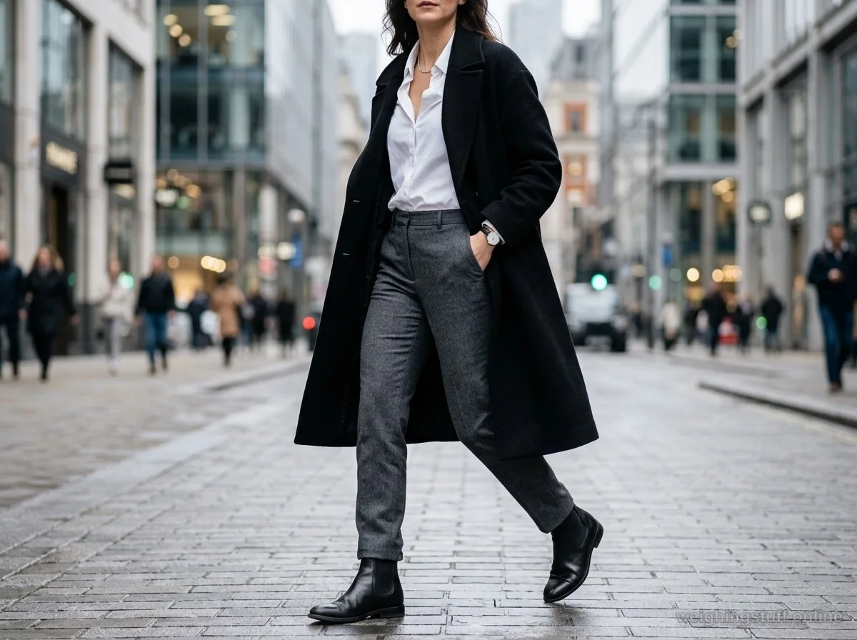 A classic black wool coat over tailored trousers in an urban setting, ideal for winter outfits.