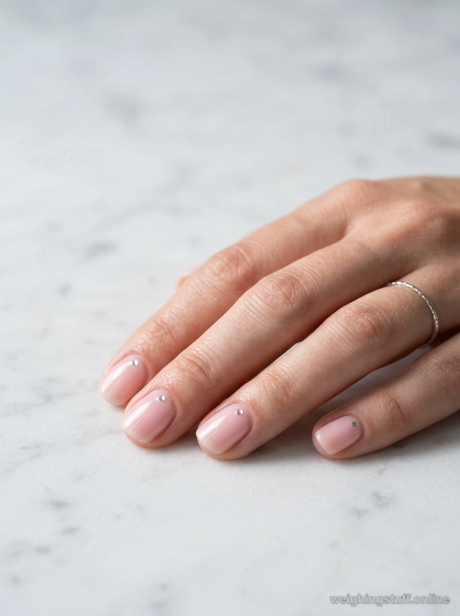 Close-up of classic short nails painted in OPI Ballet Slippers pink with a silver dot, set on a white marble background.