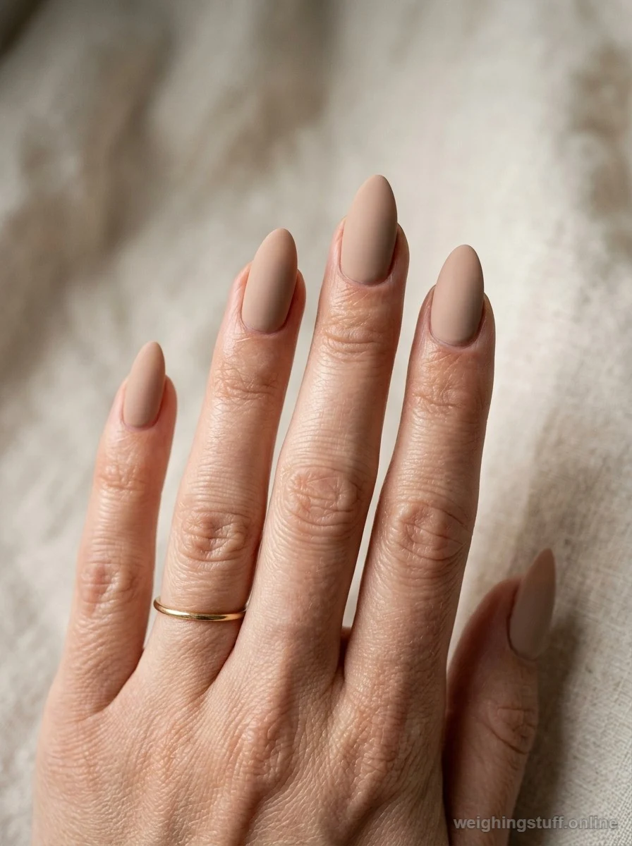 Close-up of almond-shaped nails in glossy nude polish with a matte topcoat on a textured minimalist background.