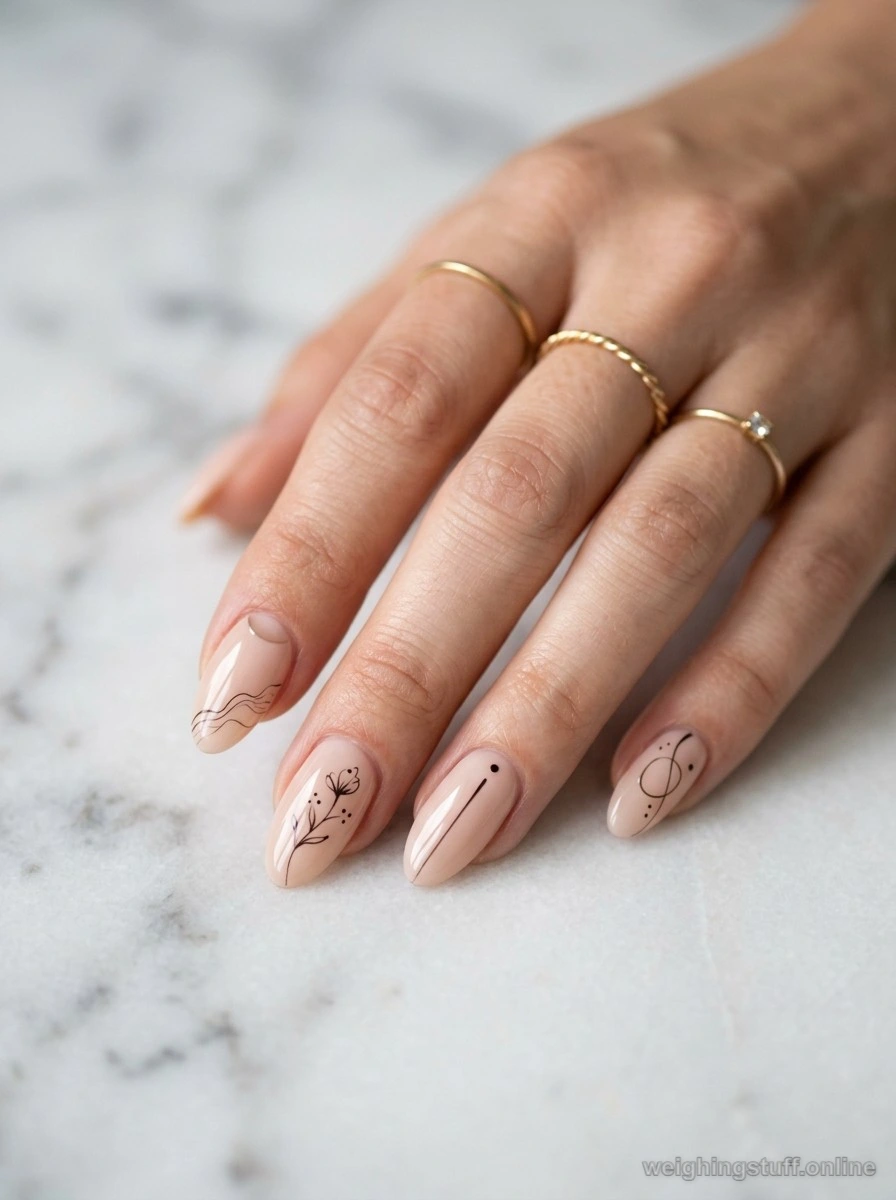 Close-up of elegant minimalist nail designs in soft nude shades with line art on marble background.