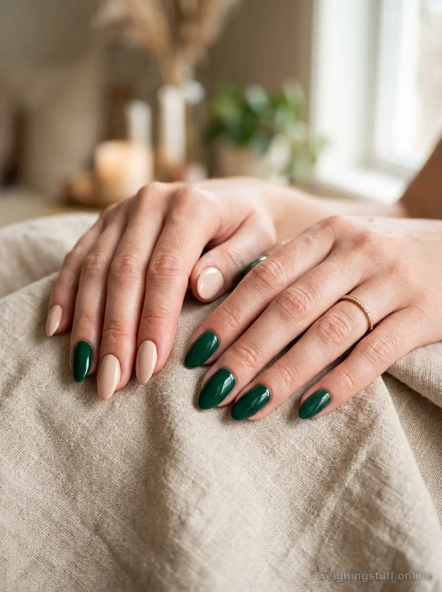Close-up of hands with deep emerald green accent nails and beige nude polish, elegantly displayed on soft fabric.