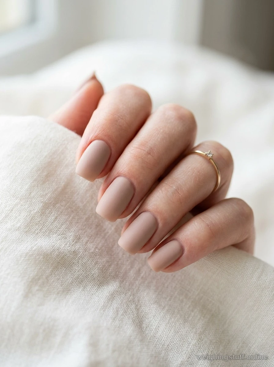 Close-up of minimalist manicured nails featuring a soft nude polish with a matte topcoat, showcasing a clean textured finish against a minimalist background.