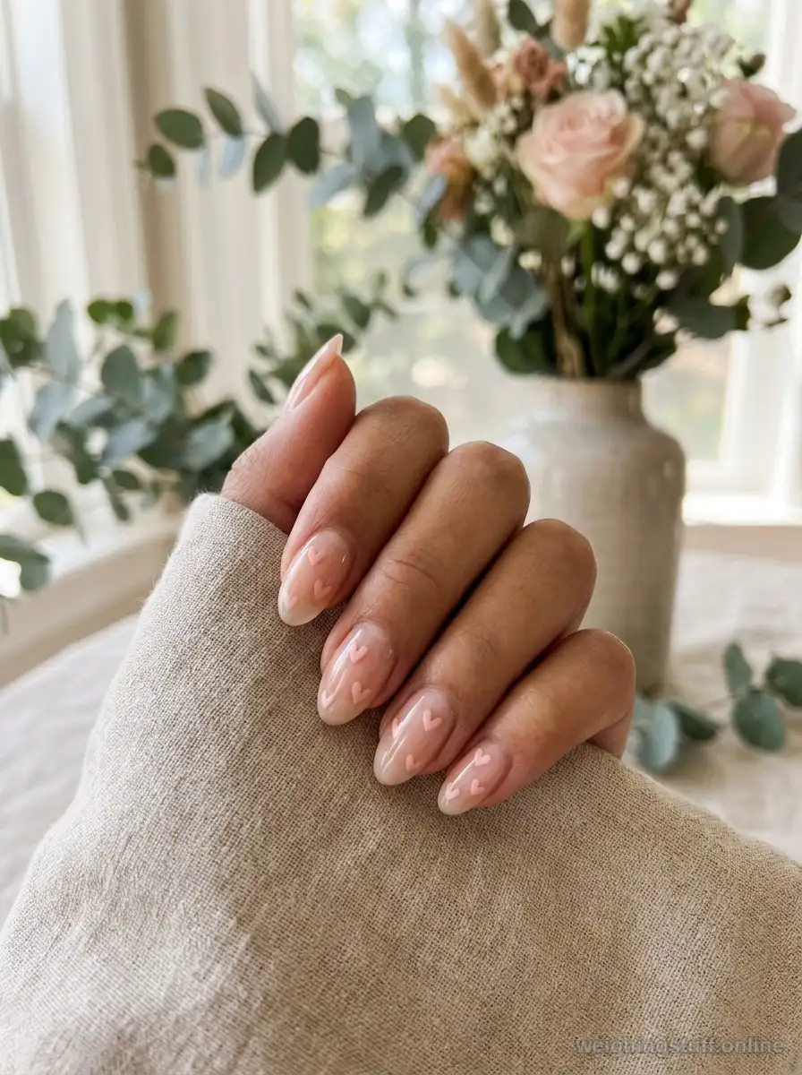 Close-up of minimalist nails with tiny blush heart doodles on a clear base styled against neutral fabric.