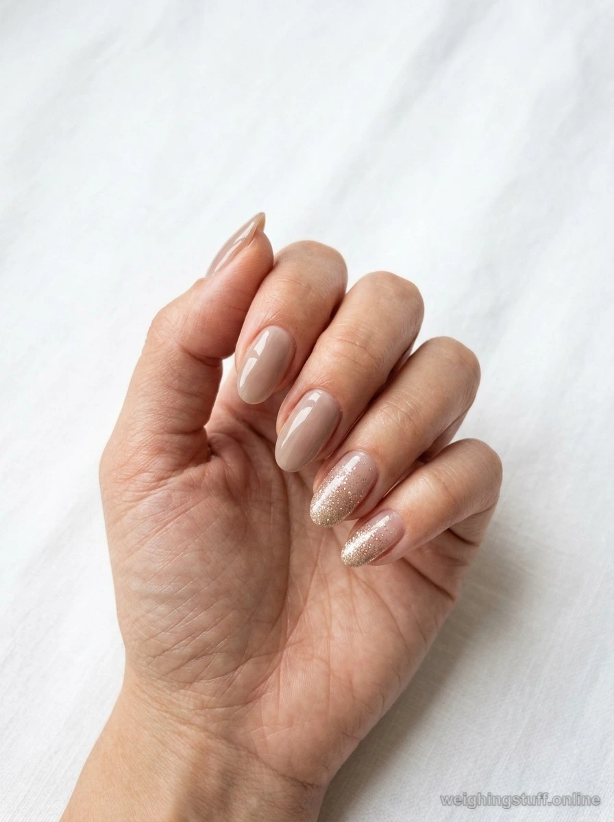 Close-up of a hand with sheer taupe nails featuring soft glitter accents, styled elegantly against a white background.