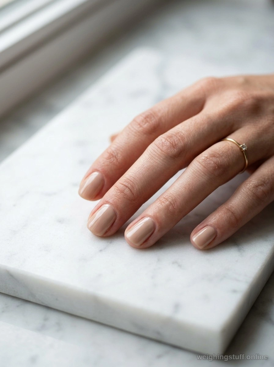 A close-up of neatly manicured nails painted in soft beige polish against a white marble background, showcasing solid neutral colors.
