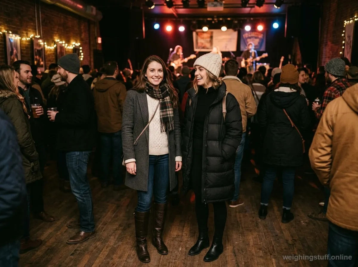 A fashionable woman in a cozy winter concert outfit, holding hot cocoa, surrounded by snowflakes and holiday lights.