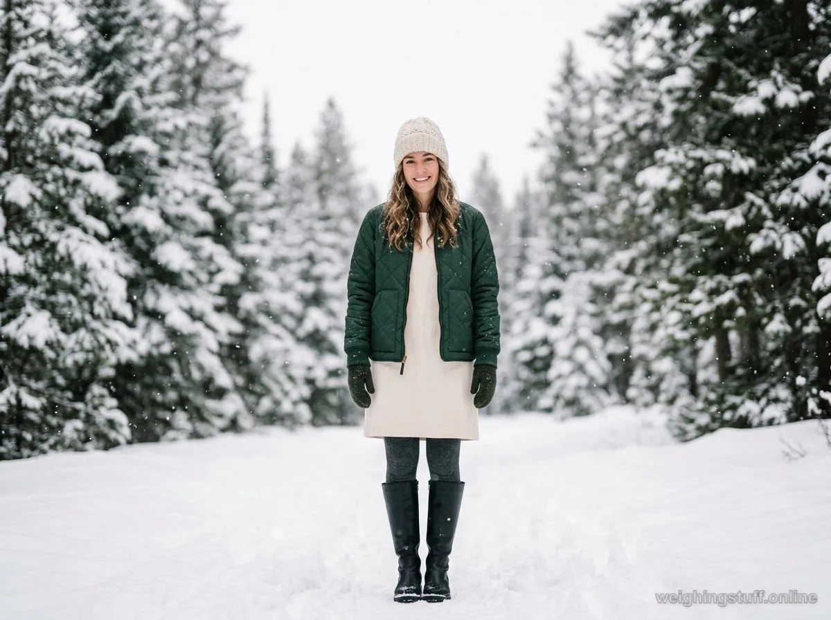 A model wears a dark green insulated work jacket over a cream dress with black boots in a snowy winter setting.