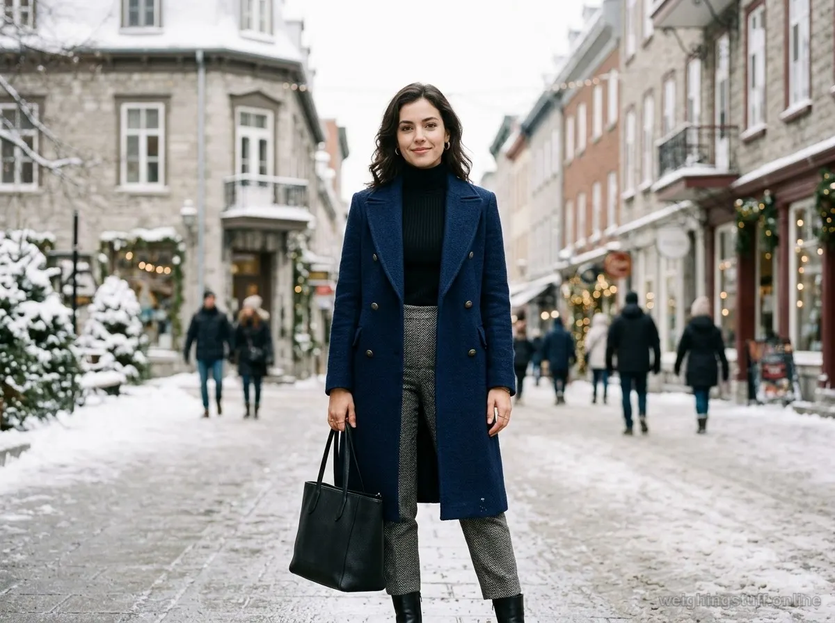 A stylish double-breasted coat in deep navy paired with fitted black clothes on a winter urban backdrop.