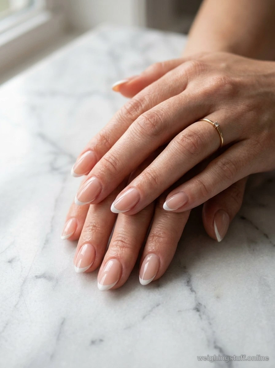 Close-up of elegant minimalist French tips nails on a marble background, showcasing a sheer nude base and thin white tips.