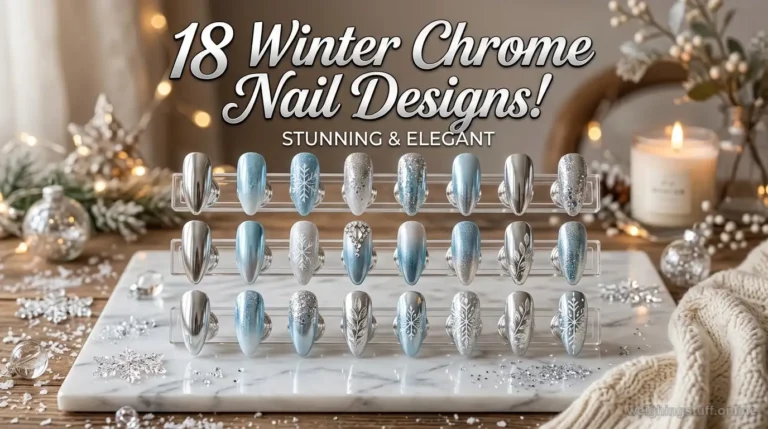 An elegant nail art table showcasing 18 winter chrome nail designs with metallic silver and icy blue polish, adorned with snowflakes and sparkles.