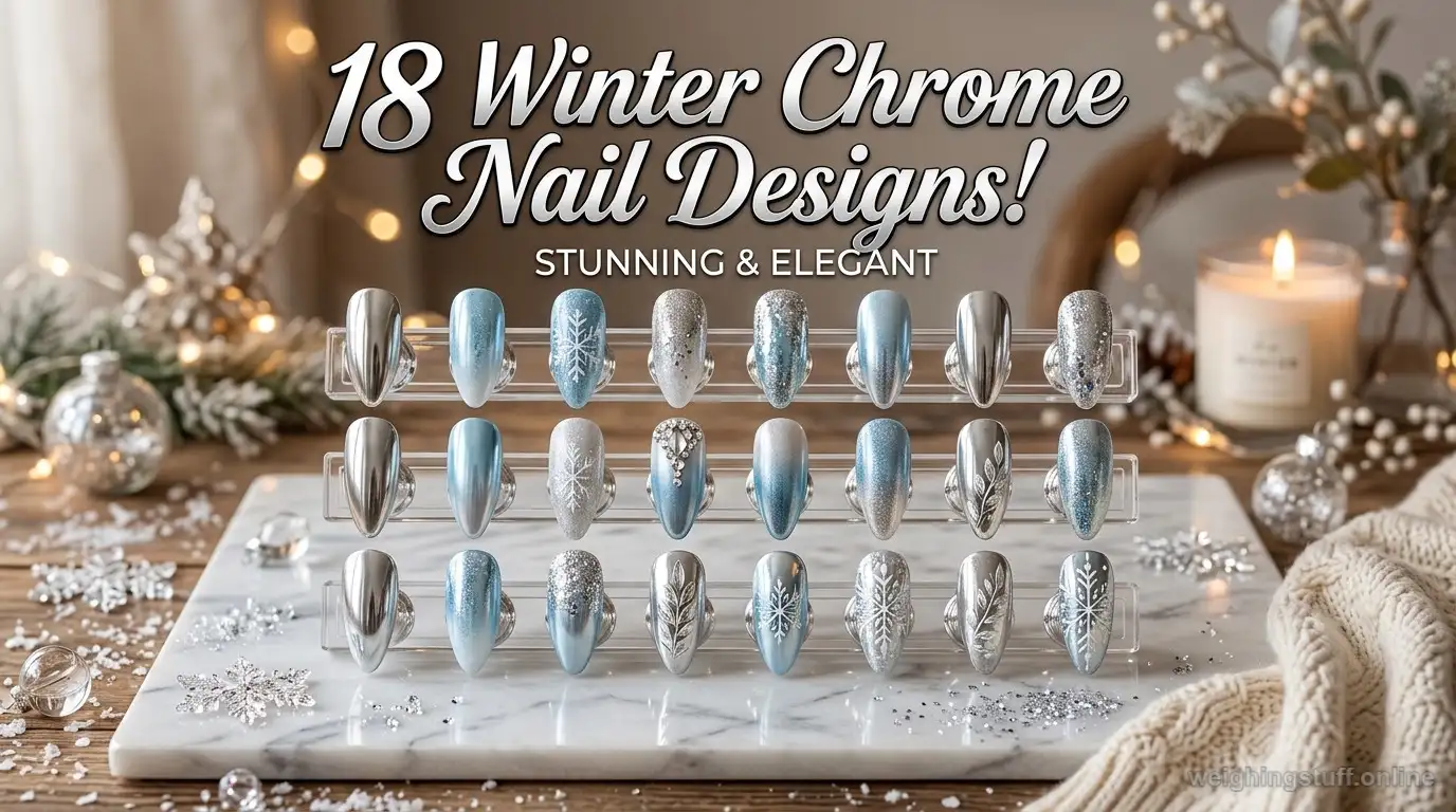 An elegant nail art table showcasing 18 winter chrome nail designs with metallic silver and icy blue polish, adorned with snowflakes and sparkles.