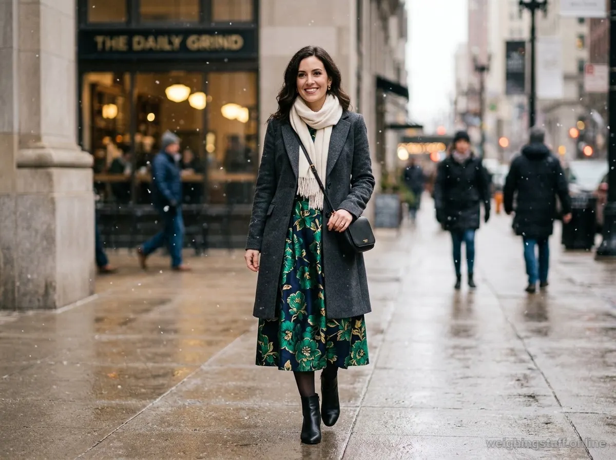 A model wears an elegant winter outfit with a printed midi dress and charcoal coat, styled with black booties and a cream scarf.