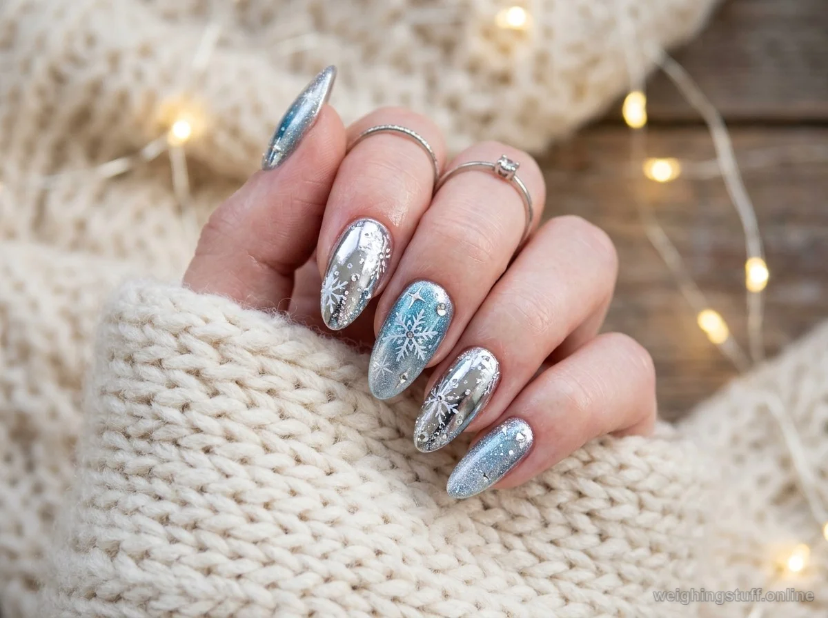 A close-up of winter-themed chrome nails showcasing intricate designs and glossy finish, surrounded by cozy winter elements.