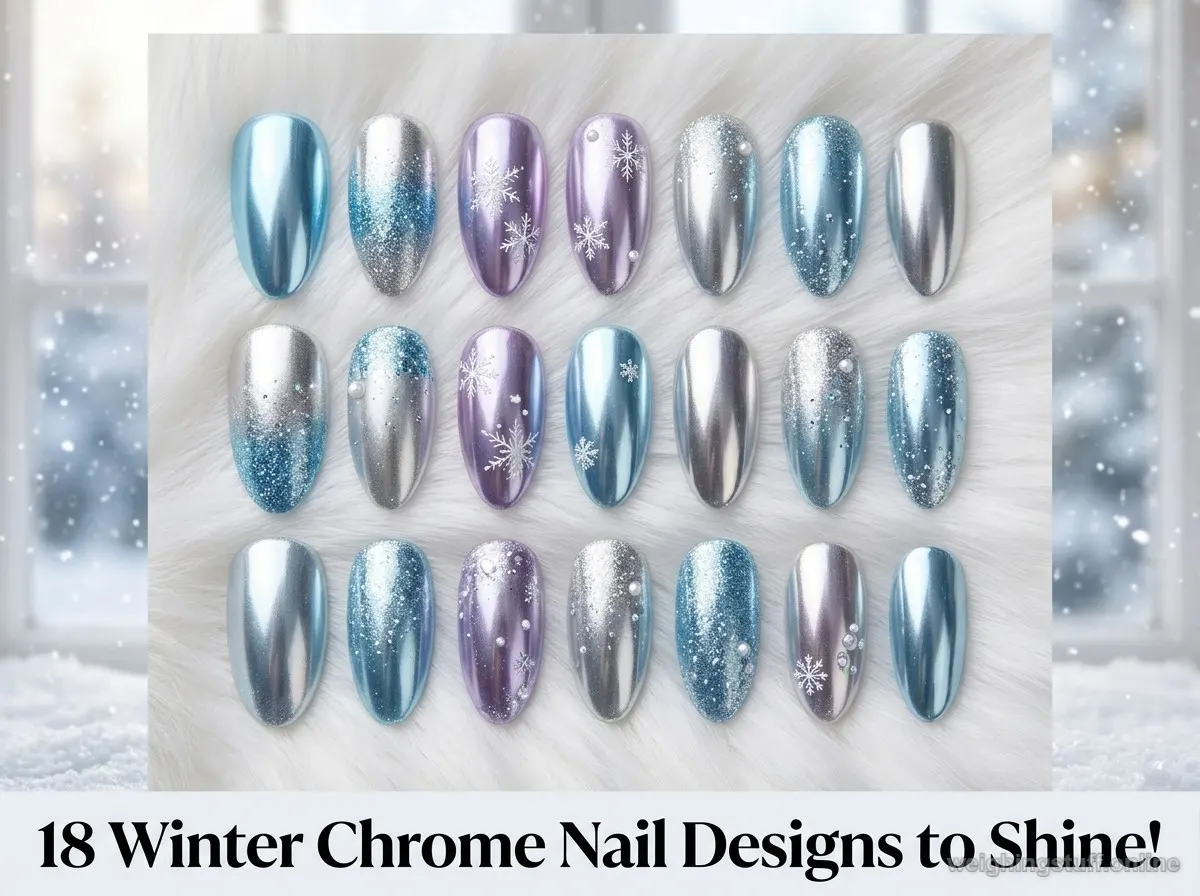 Close-up of winter chrome nails showing ombre effects and geometric designs in a seasonal setting with snowflakes.