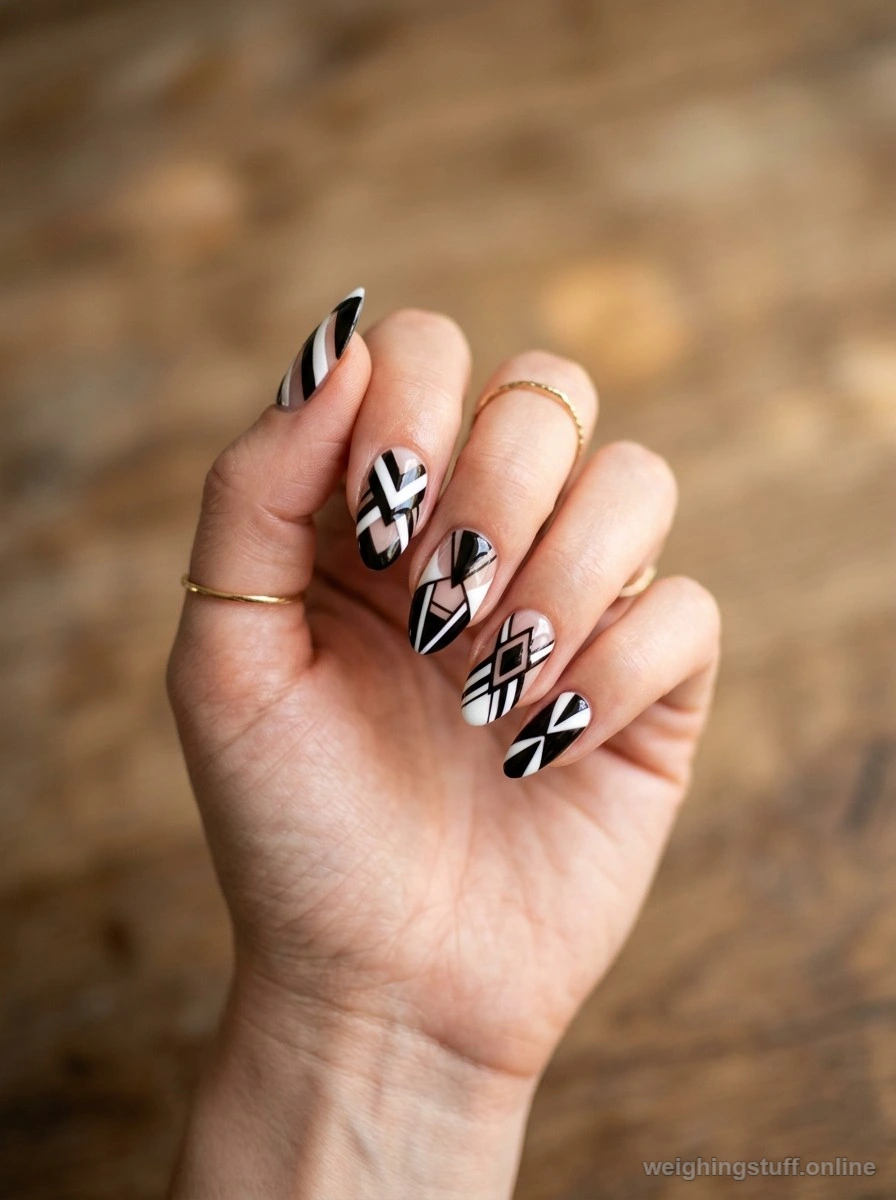 A close-up of a hand showcasing geometric patterned negative space designs in glossy black and white varnish, set against a chic wooden backdrop.