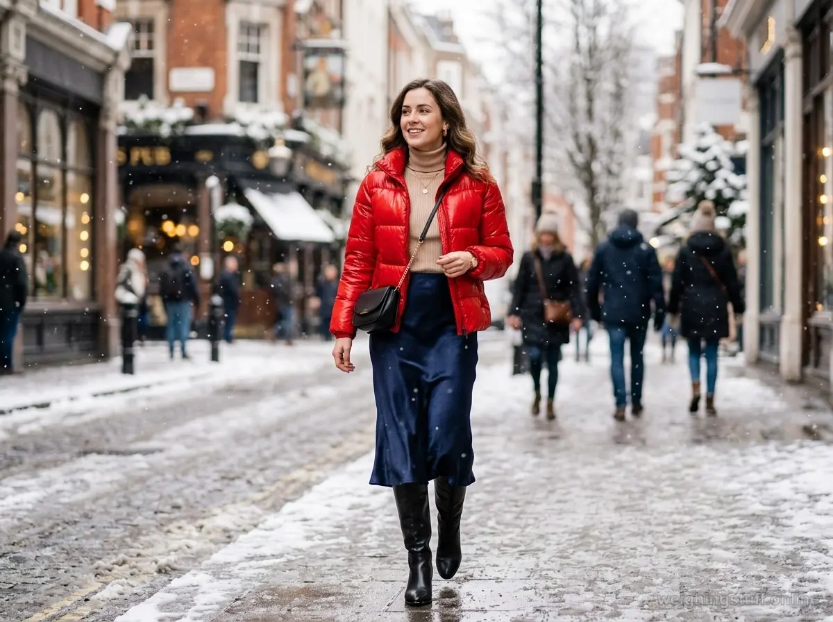 A stylish insulated puffer jacket in bright red over a navy satin midi skirt with a beige cashmere turtleneck, in a snowy urban setting.