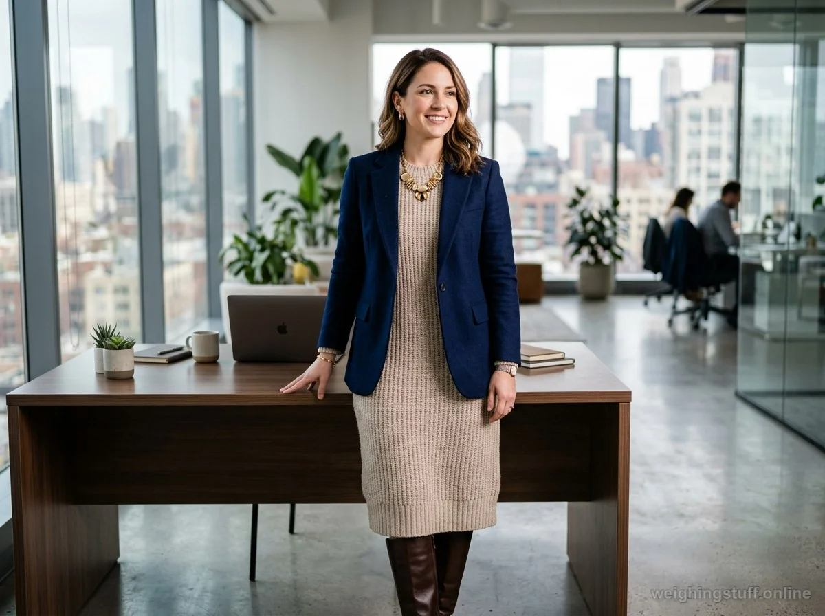 A woman in a fitted navy blazer layered over a chunky knit dress poses in a chic office setting, accentuated by knee-high leather boots and a statement necklace.