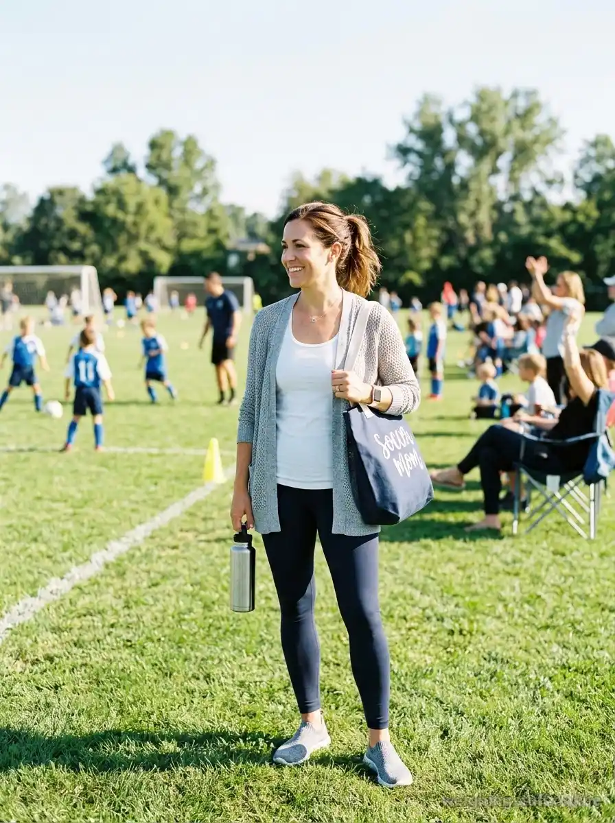 A soccer mom in a grey open-knit cardigan, white tank top, and navy leggings stands on a bright soccer field during morning practice, embodying layering essentials.