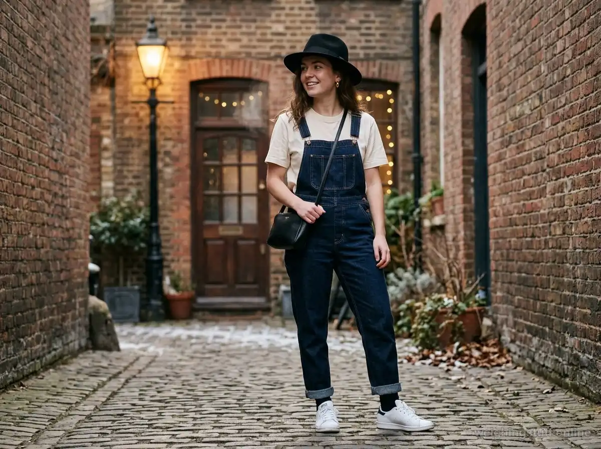A model wearing a cream t-shirt and dark denim overalls, in an urban setting, styled with white sneakers and a black fedora, ideal for winter layering.
