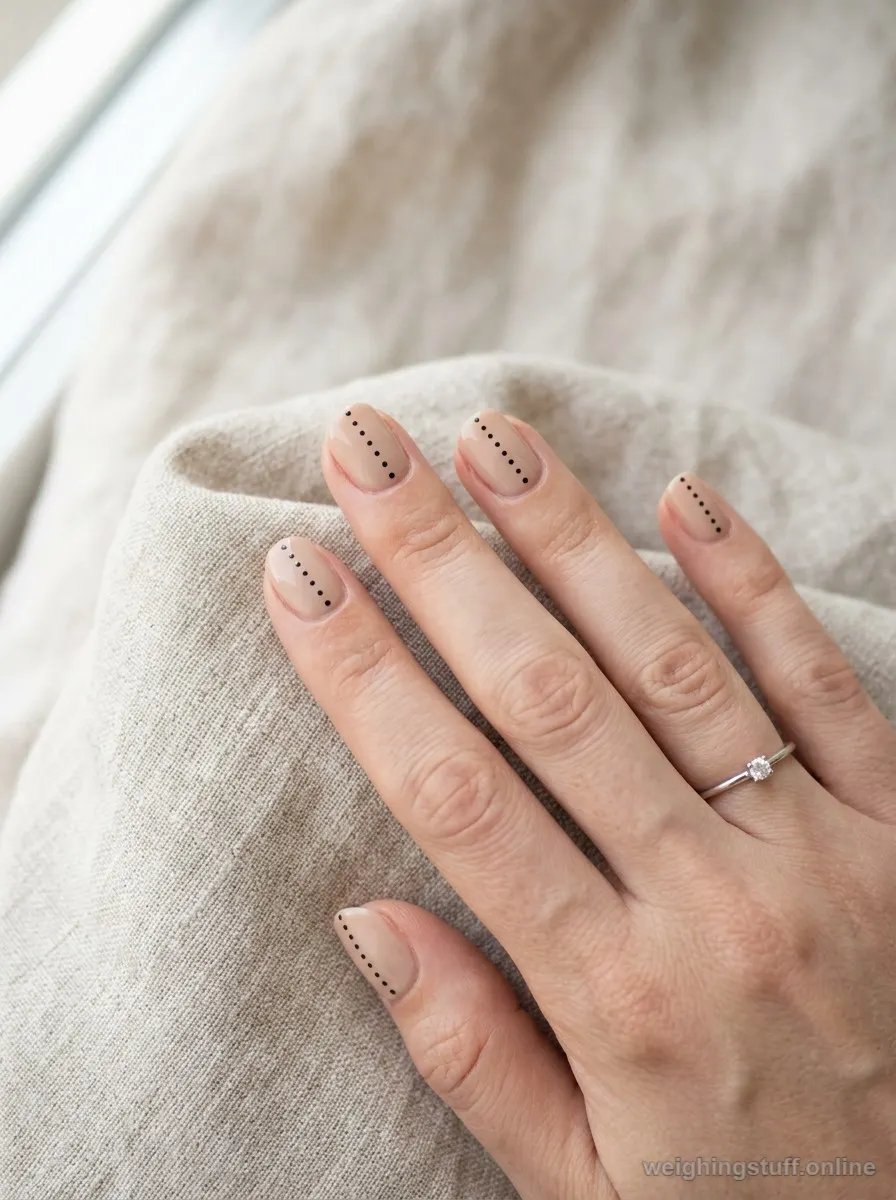 Elegant minimalist dot art nails on a nude base, styled with a silver ring on textured linen fabric.