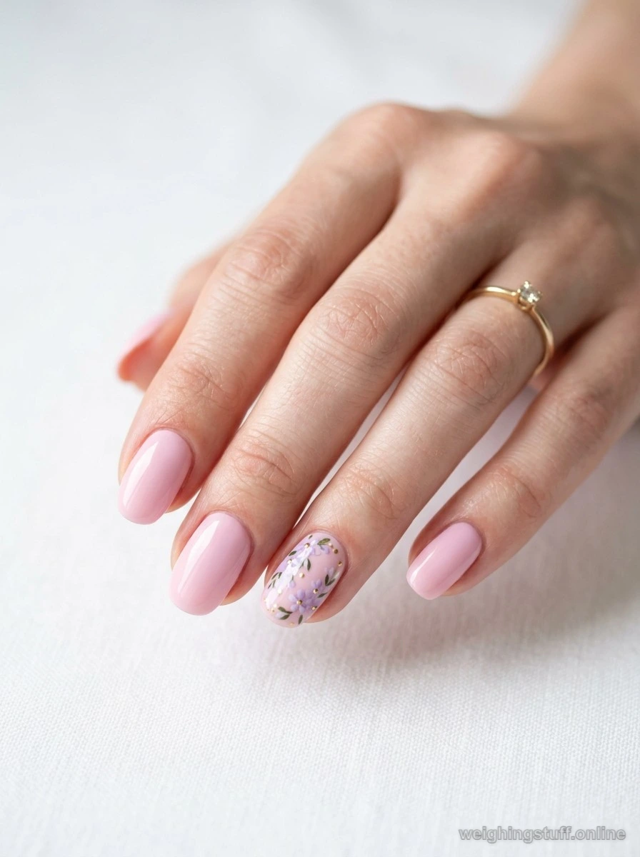 Close-up of pastel pink nails featuring a tiny lavender floral accent on one nail against a clean white background.