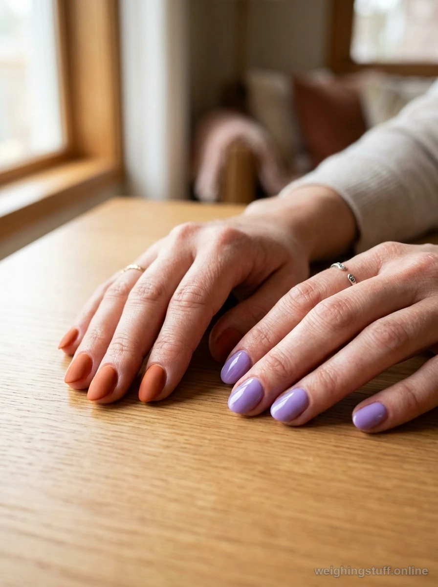 Close-up of matte terracotta and glossy lavender nails on a minimalist table, showcasing seasonal nail colors for fall and spring.