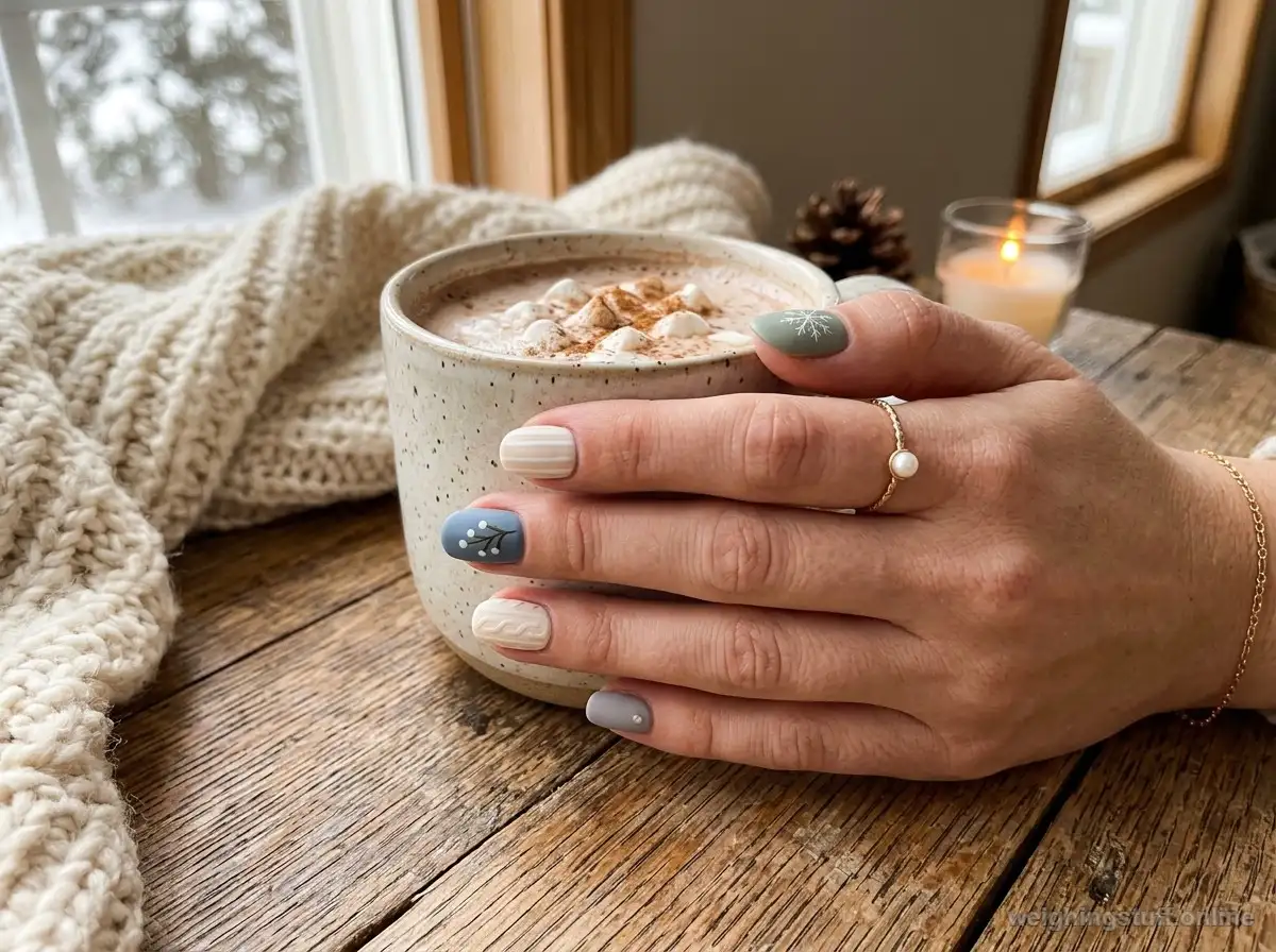 Close-up of winter short nails with cozy minimalist patterns in a warm setting, showcasing trendy nail art ideas.