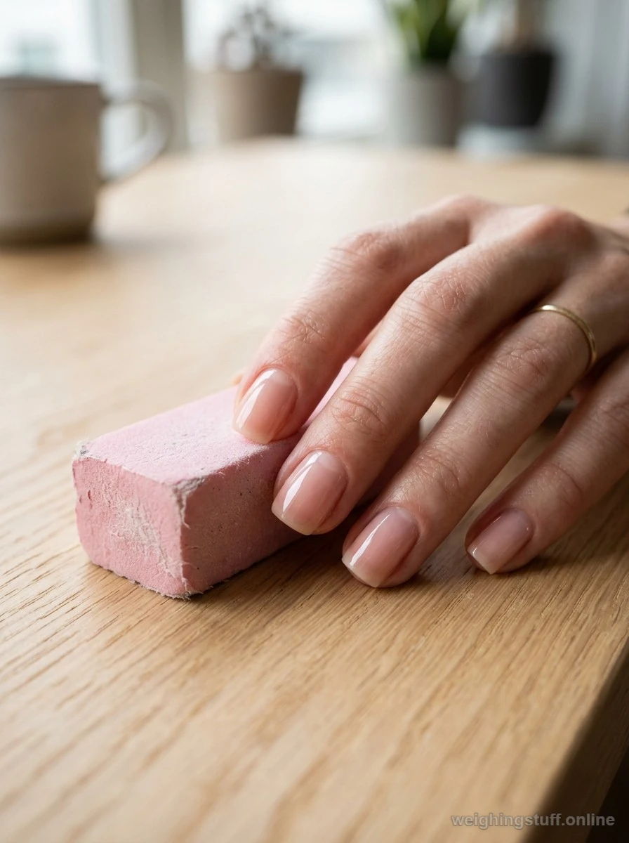Close-up of beautifully buffed natural nails on a minimalist wooden table with a pink buffing block.