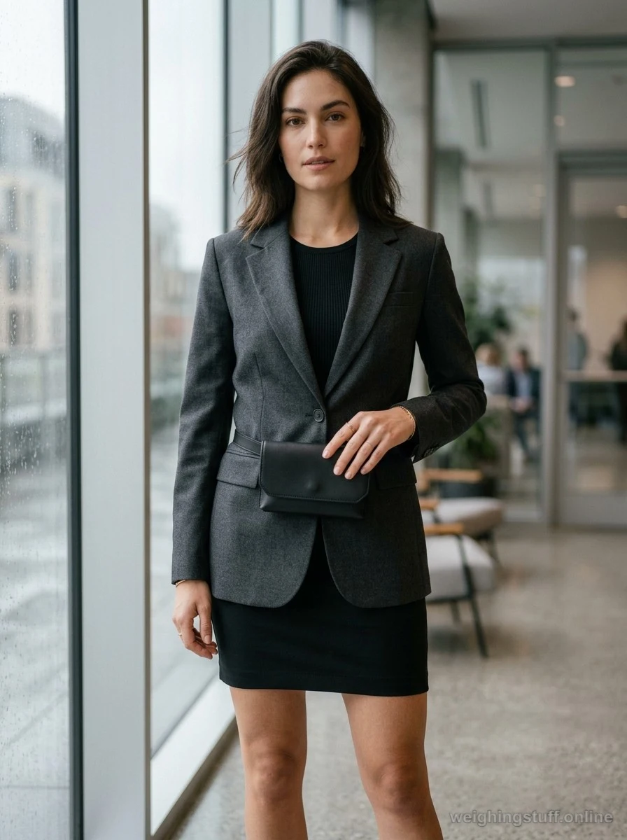 Office-ready look with a fitted black mini skirt, charcoal structured blazer, ribbed bodysuit, black belt bag, and pointed pumps in rainy daylight.