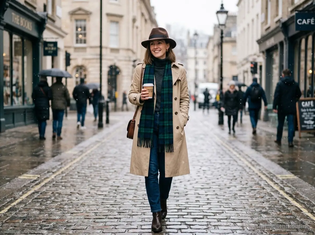 A woman showcases a plaid scarf with a classic trench coat in a winter cityscape.