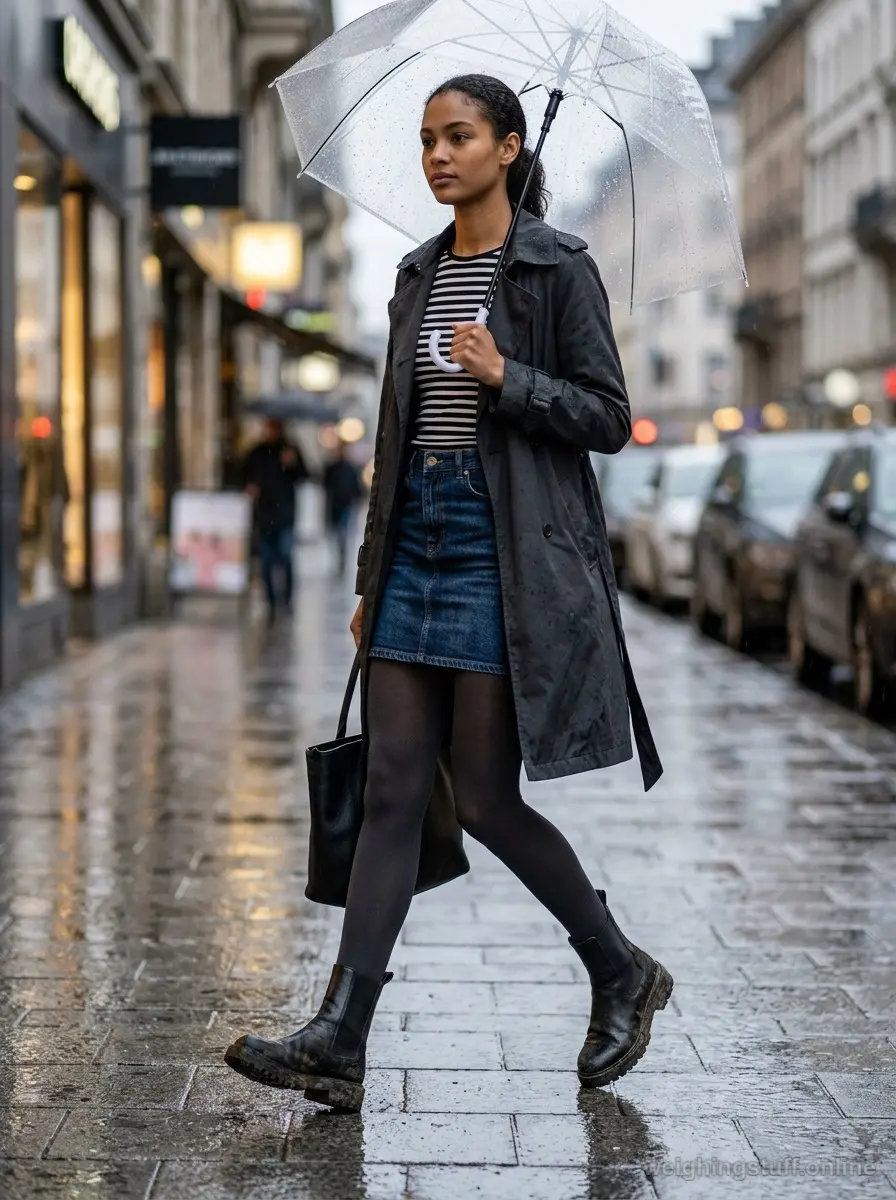 Rainy street editorial photo of a dark denim mini skirt with opaque tights, a black trench, striped tee, and grippy ankle boots.