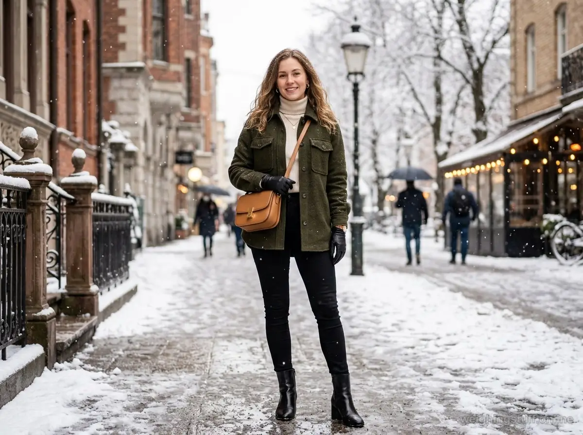 A woman wearing a deep olive shacket over a cream turtleneck and black skinny jeans, standing in a snowy urban setting, showcasing a chic winter outfit.