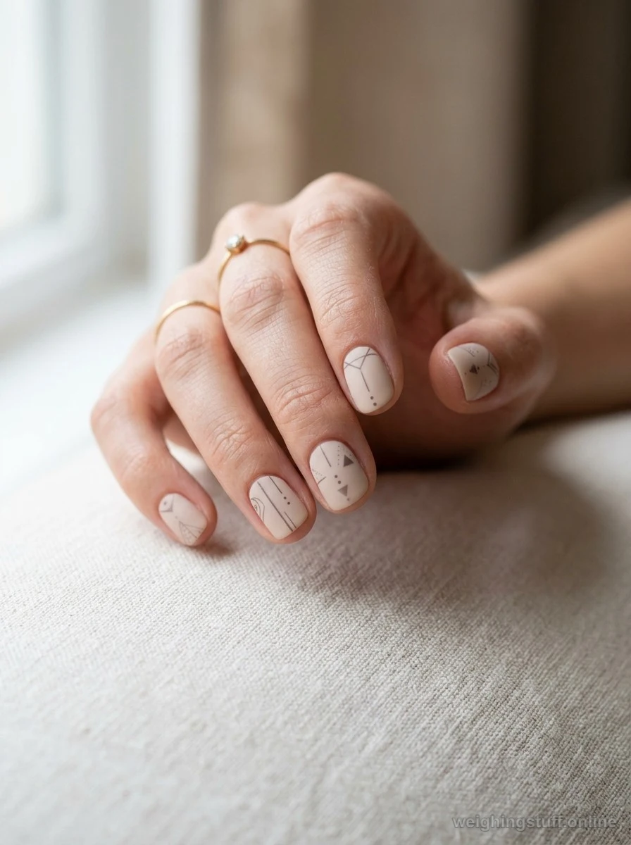 Close-up of simple nail wraps in soft beige with geometric patterns on a neutral background.