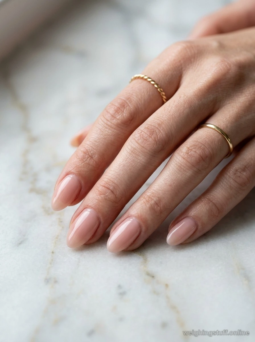 Close-up of slightly sheer nude nails in soft blush color with gold rings on a light marble background.