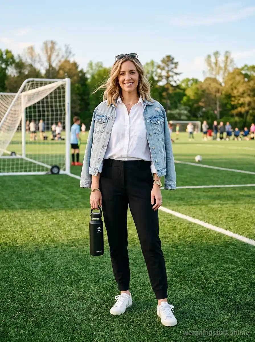 A fashionable soccer mom in tailored black joggers, white shirt, and denim jacket, holding a water bottle on a soccer field.
